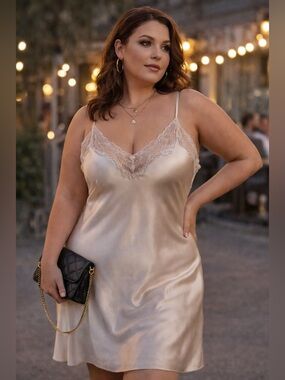 Luxury Satin Slip Dress 1X Cream Lace Trim Sexy Minimalist Quiet Luxury Y2K Club